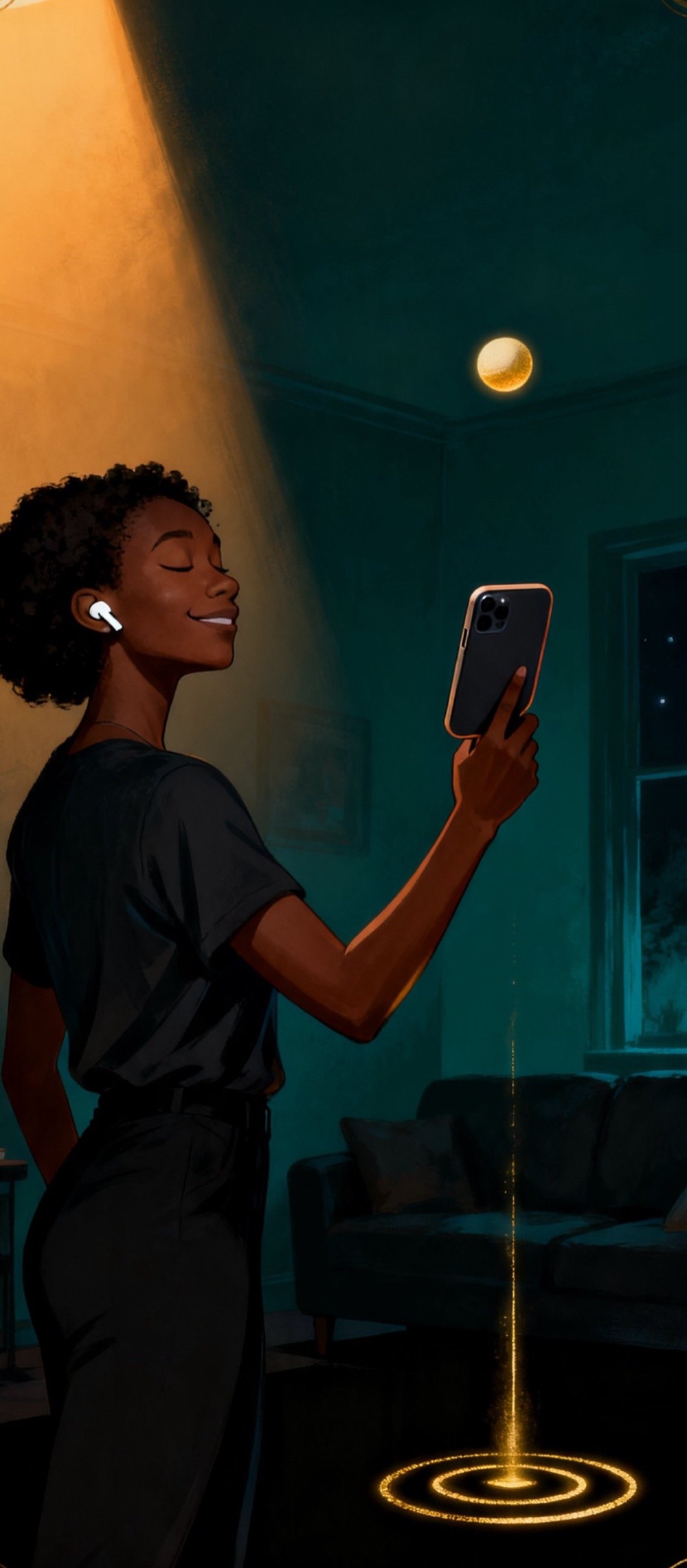 Illustration: a Black woman with short natural hair stands in a dark teal living room at night, seen from behind her shoulder, eyes closed, a white earbud in, holding her phone up in her right hand like a paddle at the top of a forehand swing. A small gold ball hangs in the air above and three gold rings ripple on the floor where it will bounce. One warm lamp lights her from the upper left; the rest of the room is near black.