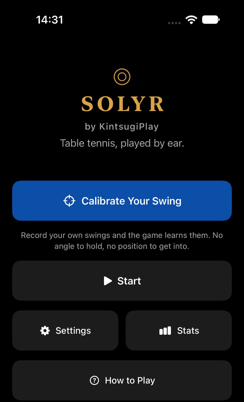 Solyr's start screen: a gold SOLYR wordmark, by Kintsugiplay, Table tennis, played by ear, with Calibrate Your Swing, Start, Settings, Stats and How to Play.
