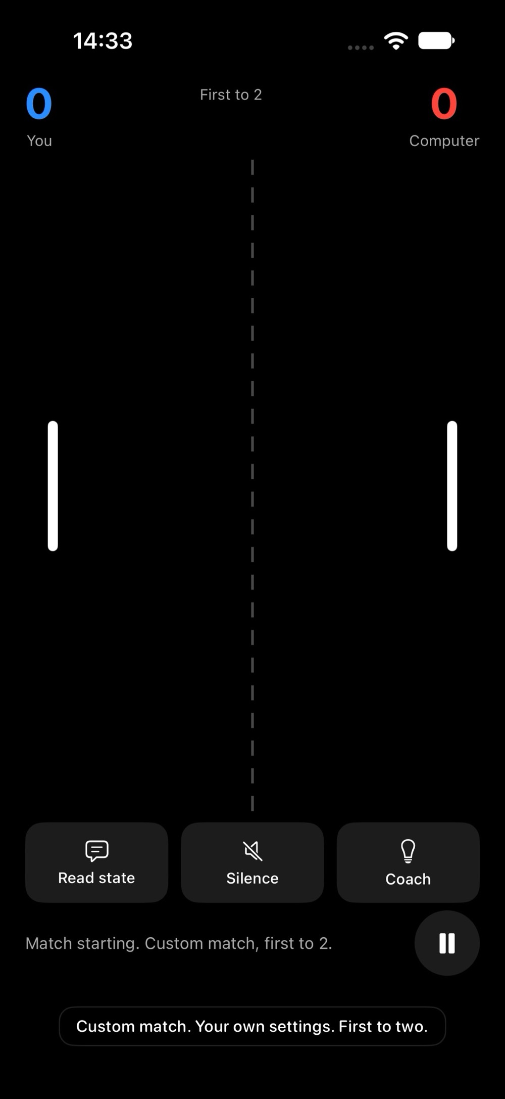 The Solyr court at the start of a match against the computer, with score tiles, two paddles and the Read state, Silence and Coach buttons.