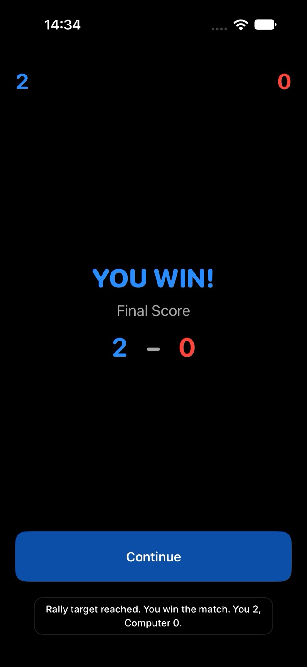 Solyr's match-won screen showing YOU WIN and the final score.