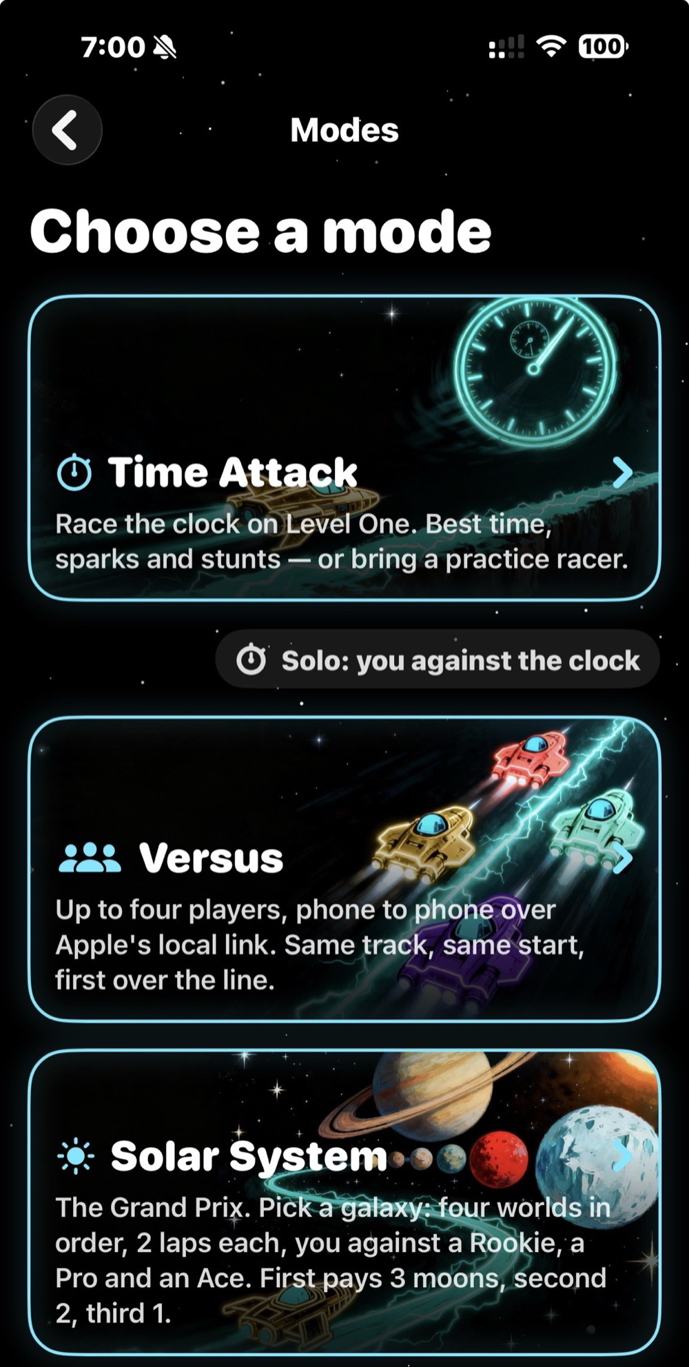 Choose a mode: Time Attack, race the clock on Level One; Versus, up to four players phone to phone; Solar System, the Grand Prix across four worlds against a Rookie, a Pro and an Ace.